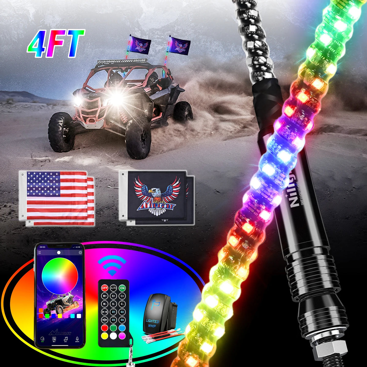 Nilight  3-6FT RGB LED Whip Light, Spiral Neon Flagpole Lights With Remote Control Color Changing Lights for ATV UTV Buggy 2PCS