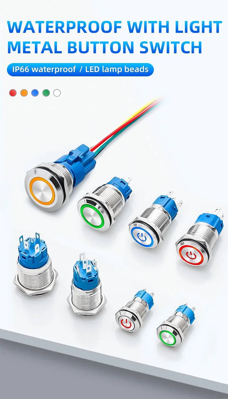 Metal Switch Button Push With Wire Waterproof on off 12mm 16mm 19mm 22mm Momentary/Latching Led Light Start Stop 5V 12V 24V 220V