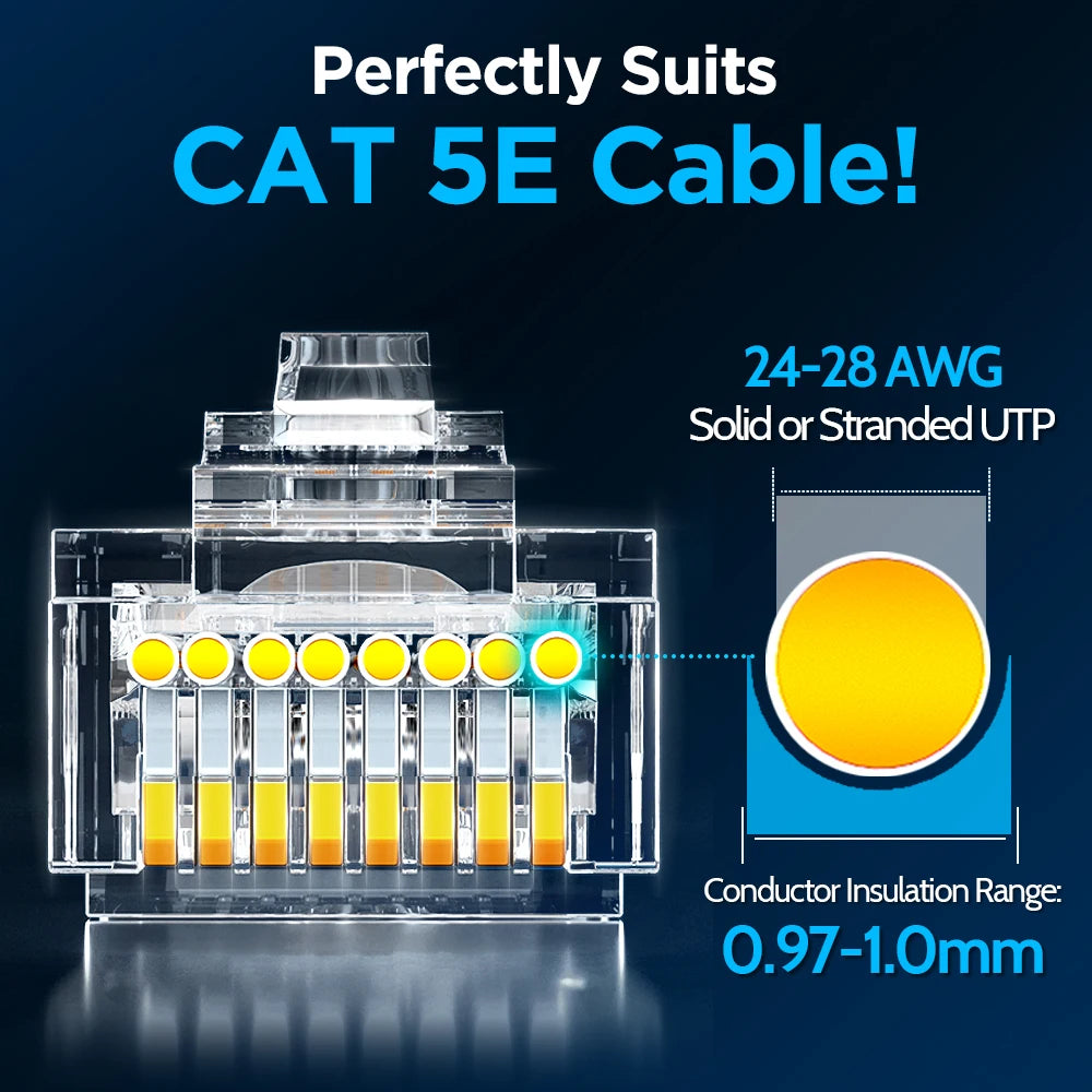 AMPCOM RJ45 Connector Pass Through CAT5E Modular Plug Network End UTP Fu Gold Plated 8P8C Crimp End For 24-28 AWG Ethernet Cable