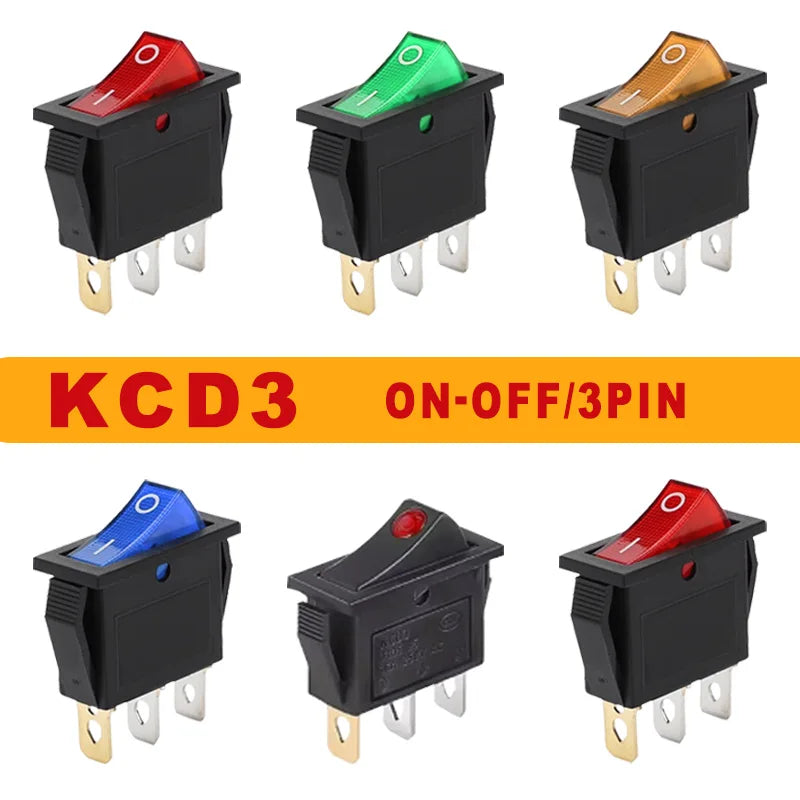 5/20Pcs KCD3 Rocker Switch 3 Pin 2 Position ON OFF 16A 250V 220V 20A  Boat-shape Electric Toggle Switch with LED Light