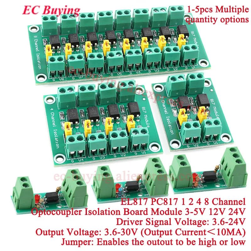 EL817 PC817 1 2 4 8 Way Channel Optocoupler Isolation Module PLC 3V-5V 12V 24V Photoelectric Isolator Optical Coupler Board