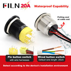 High Current 19mm 22mm 20A 12V 24V 110V 220V IP68 Waterproof Flat Ring Round Push Button Switch Metal Stainless Steel 20cm Wire