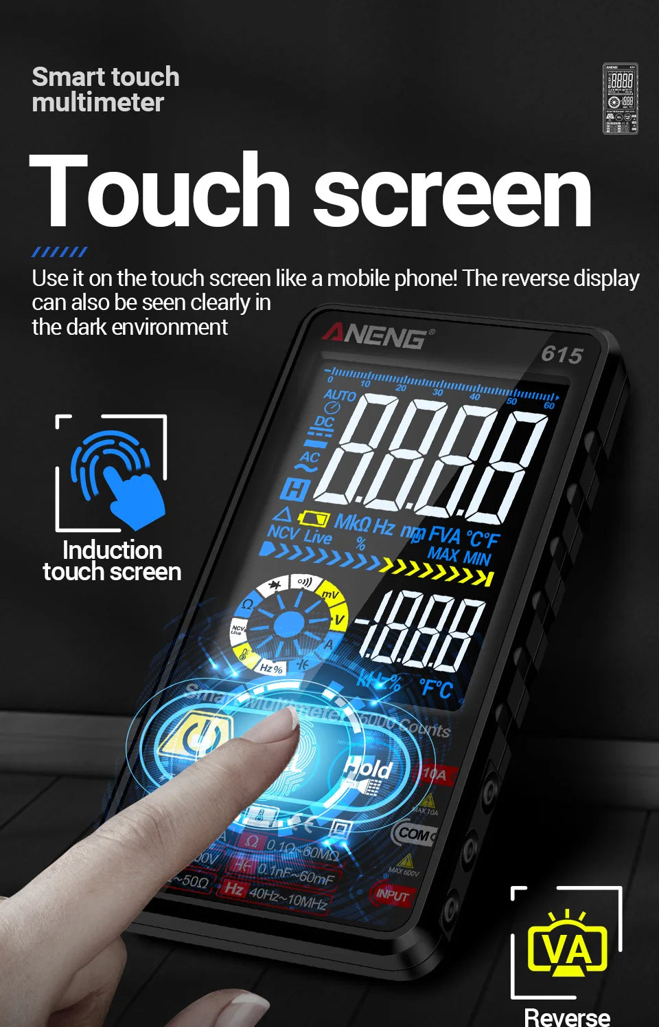 ANENG 615 Smart Touch Screen Digital Multimeter 6000 Counts Rechargeable Lithium Battery AC DC Voltage Current Capacitance NCV T