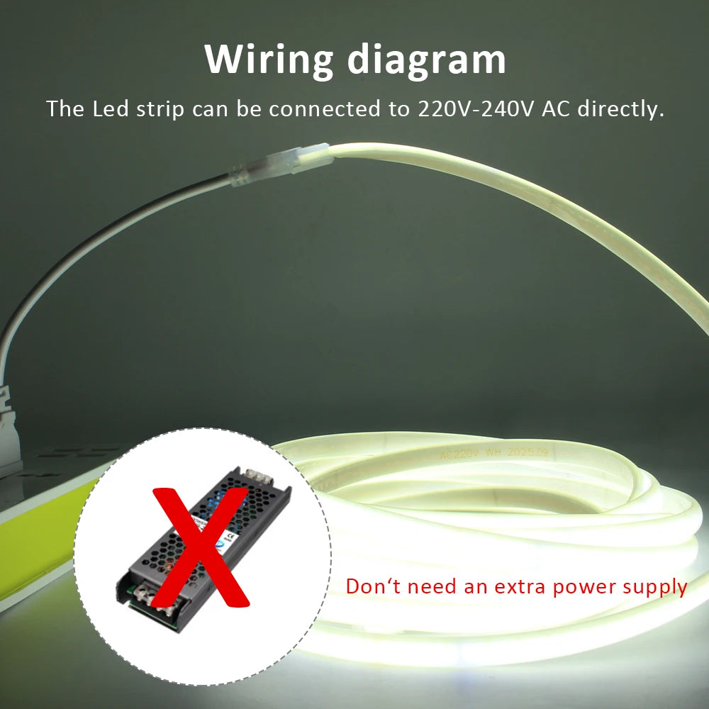 AC220V COB LED Strip Light IP67 Waterproof Flexible Ribbon 2Pin Wire/EU Plug Tape Lamp 3000K/4000K/6000K Outdoor Linear Lighting