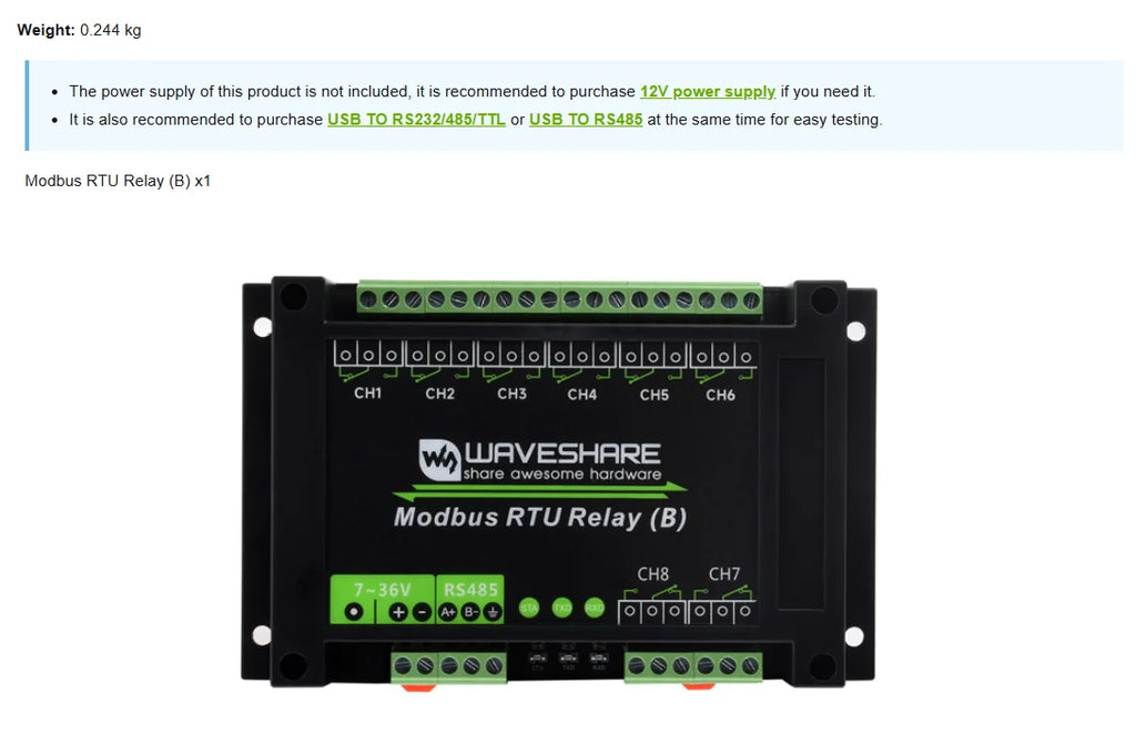 Waveshare Industrial Modbus RTU 8-ch Relay Module (B) with RS485 Interface, Multi Isolation Protection Circuits, 7~36V