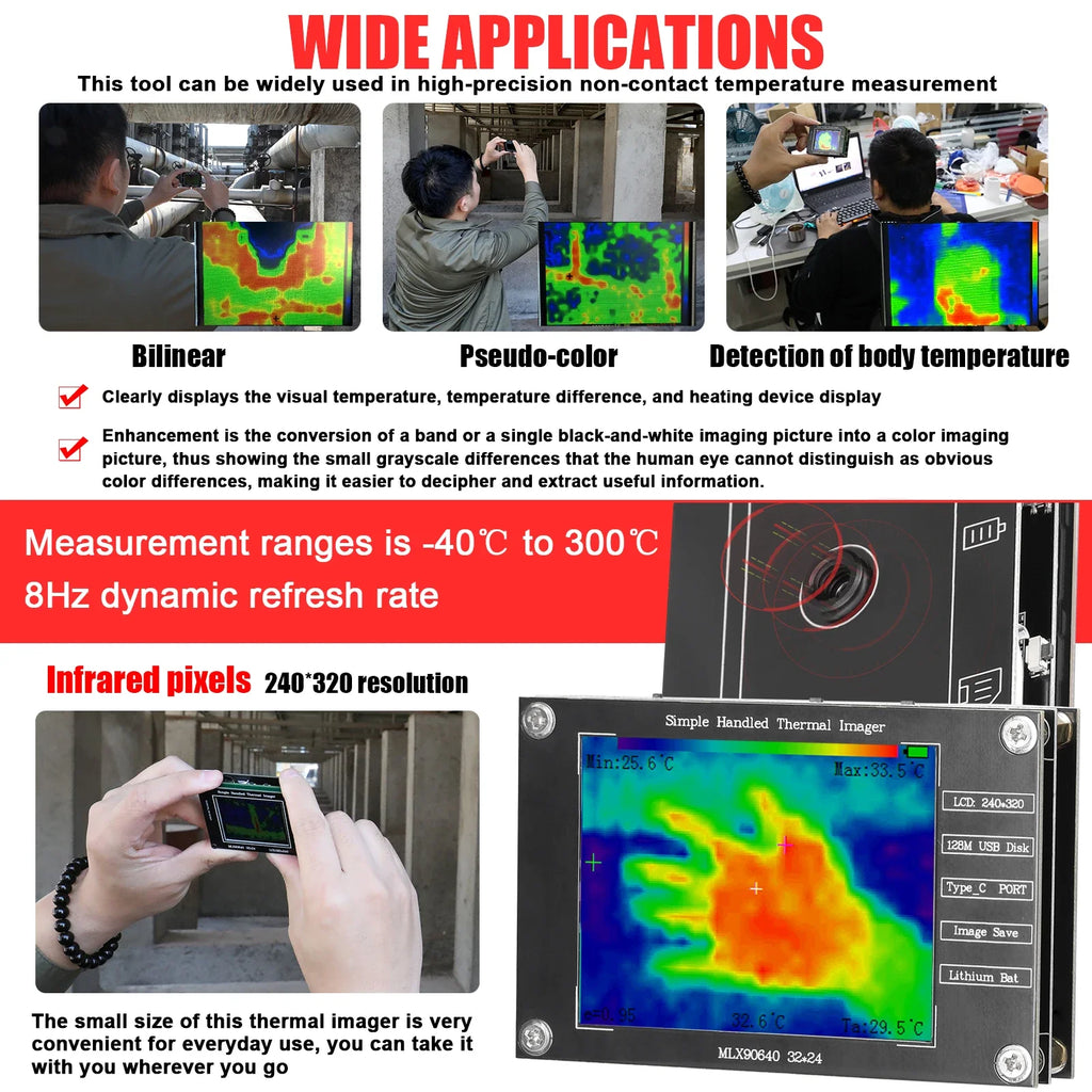 Infrared camera,MLX90640 digital infrared camera, portable thermal camera,2.8 inch LCD display,built-in battery, high precision.
