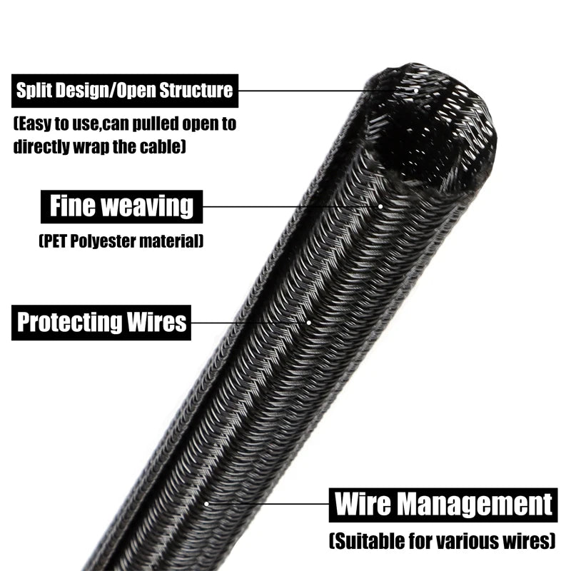 1~50m Expandable Cable Sleeve PET Braided Self Closed Auto Insulated Wrap Flexible Pipe Tube Split Line Protector Wire Organizer