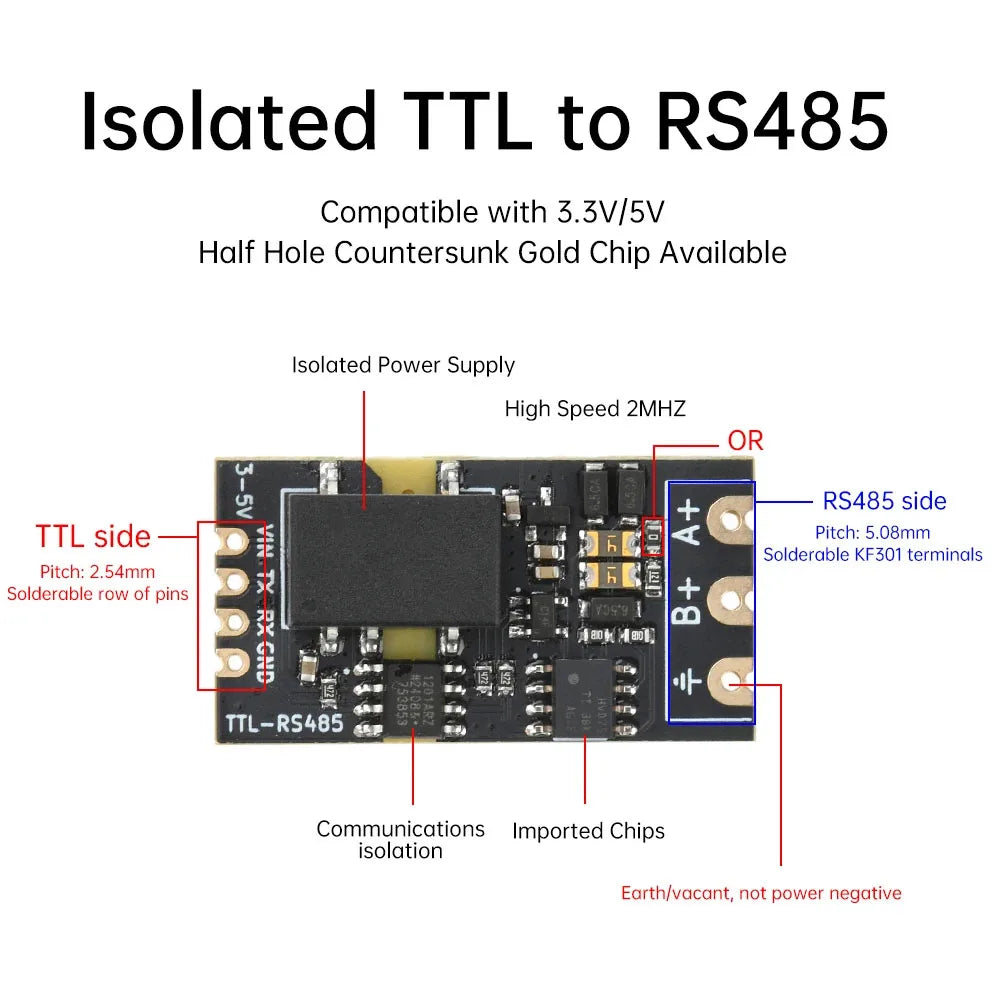 Isolated TTL to RS485 Converter Module 3.3V/5V, Auto Direction Switching, High-Speed 2Mbps for UART Serial Communication