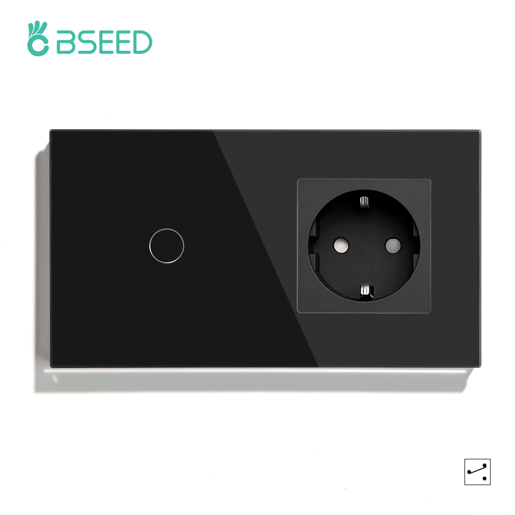 BSEED EU Standard 1/2/3Gang 2Way Wall Touch Switch Light Sensor Switches Wall Socket USB Type-C Crystal Glass Panel 240V Black