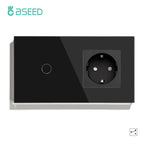 BSEED EU Standard 1/2/3Gang 2Way Wall Touch Switch Light Sensor Switches Wall Socket USB Type-C Crystal Glass Panel 240V Black