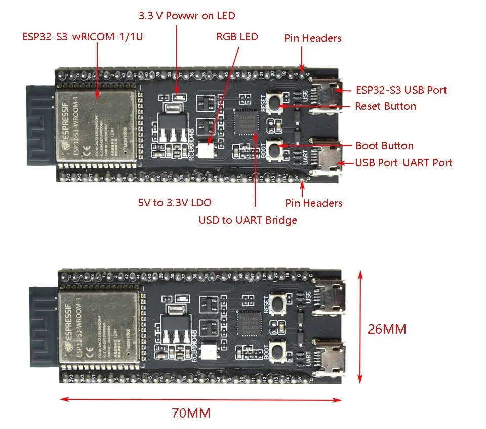 For ESP32-S3-DevKitC-1 Dev Board, WiFi BT 2.4G Wireless Module, N16R8 16MB FLASH 8MB PSRAM 44Pin CP2102 Type-C