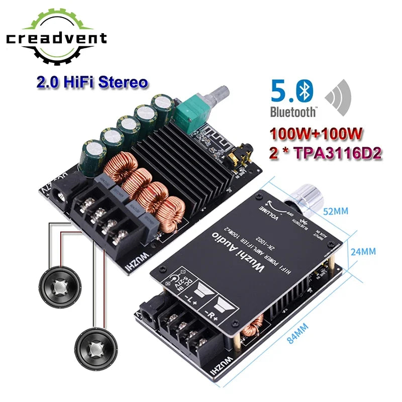 2*100W Bluetooth 5.0 TPA3116D2 Audio Power Amplifier Stereo HiFi Class D Digital TPA3116 Home Theater AUX Mini Music AMP
