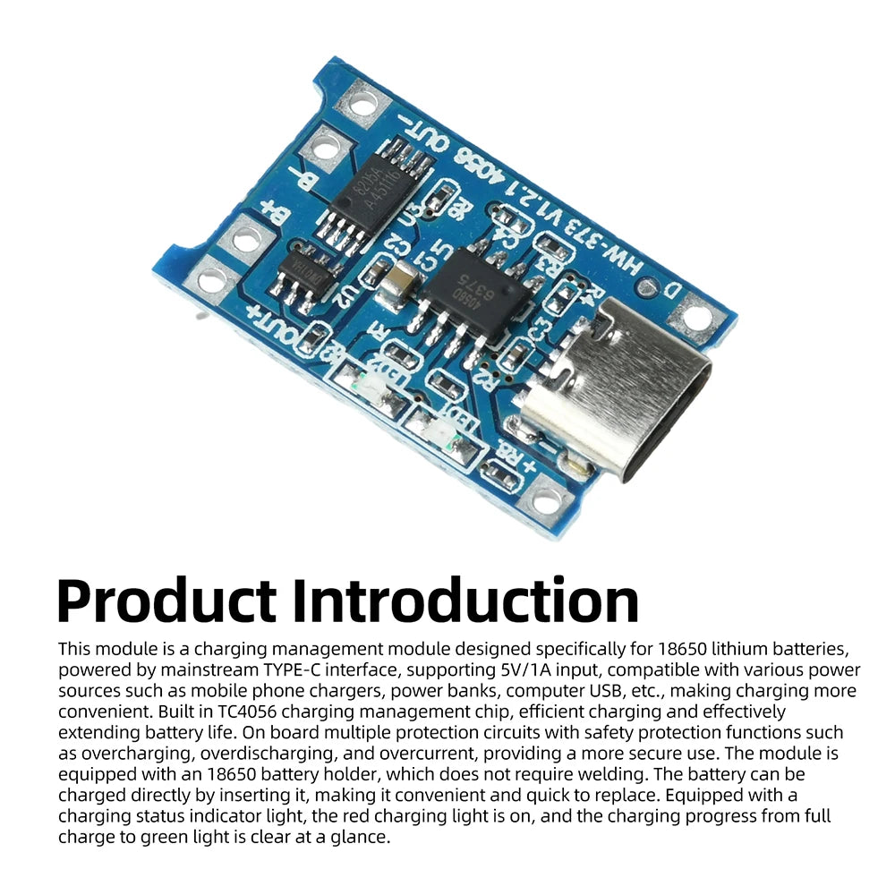 5pc Set Type-c Port 5v 1a 18650 Tp4056 Lithium Battery Charger Module Charging Board Charging Protection With Led Light