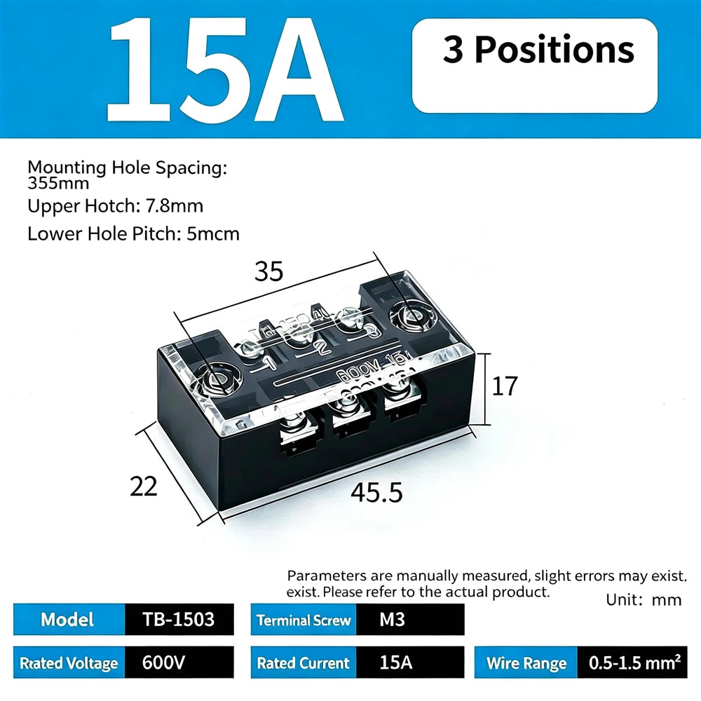 1Pc Dual Row Screw Terminal Block TB1503-TB1520 15A Fixed Wiring Strip Wire Connector