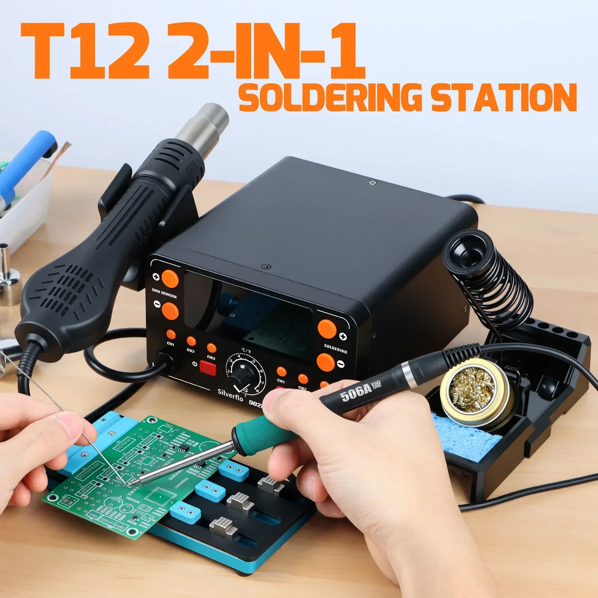 Silverflo T12 Soldering Station 2 in 1 Hot Air Rework Soldering Station Welding Heat Gun for SMD Soldering Tools