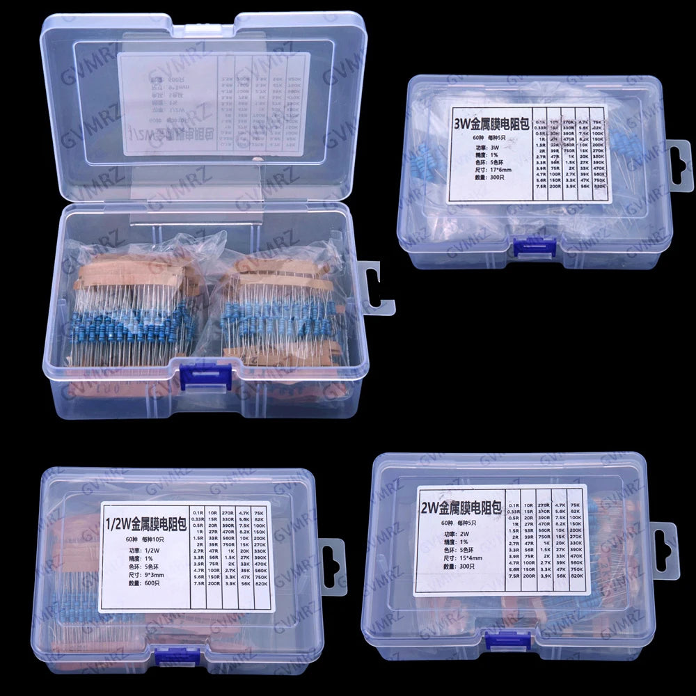 60Values 2W 3W 1/2W 1W 1% Metal film resistors kit dip 0.1R 100R 200R 300R 1K 2K 3K Resistor 0.1R-3K