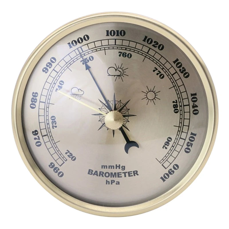 Y1UD Diameter 90mm Gold Frame Wall Hanging Wireless Alarm Clock Barometer Thermometer Hygrometer for Indoor Outdoor