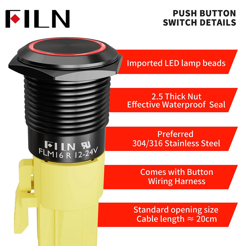 16/19/22mm IP67 Waterproof Push Button Switch LED Ring Light Momentary/Latching Harness Connector Car Engine Power Switches