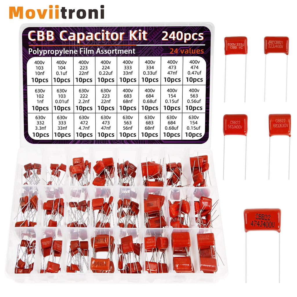 240pcs CBB Capacitor Assortment Kit Metallized Polypropylene Film Capacitors