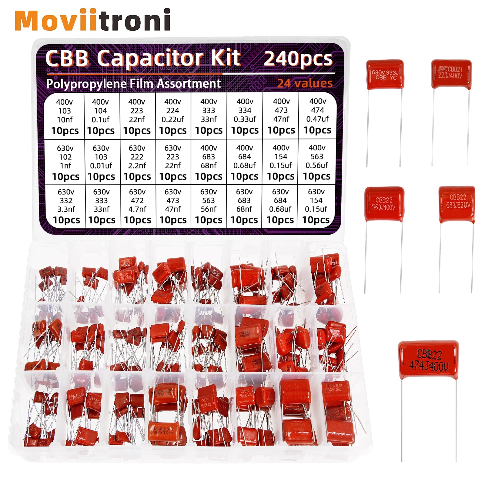 240pcs CBB Capacitor Assortment Kit Metallized Polypropylene Film Capacitors