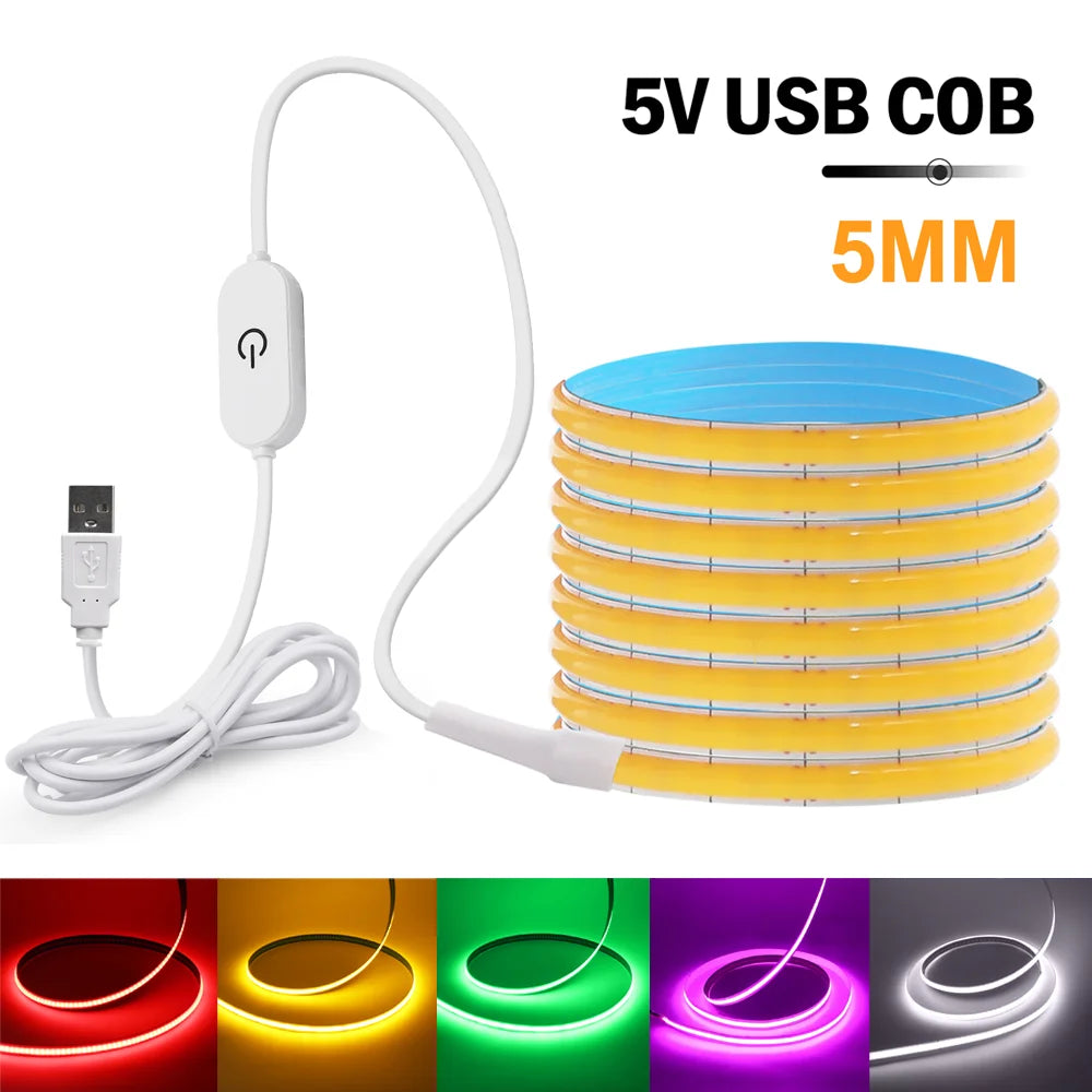 5V USB LED COB Light Strip Touch Dimmer Flexible Diode Tape 5mm 320Leds/m Linear Ribbon Indoor Lighting DIY TV Mirror Backlight