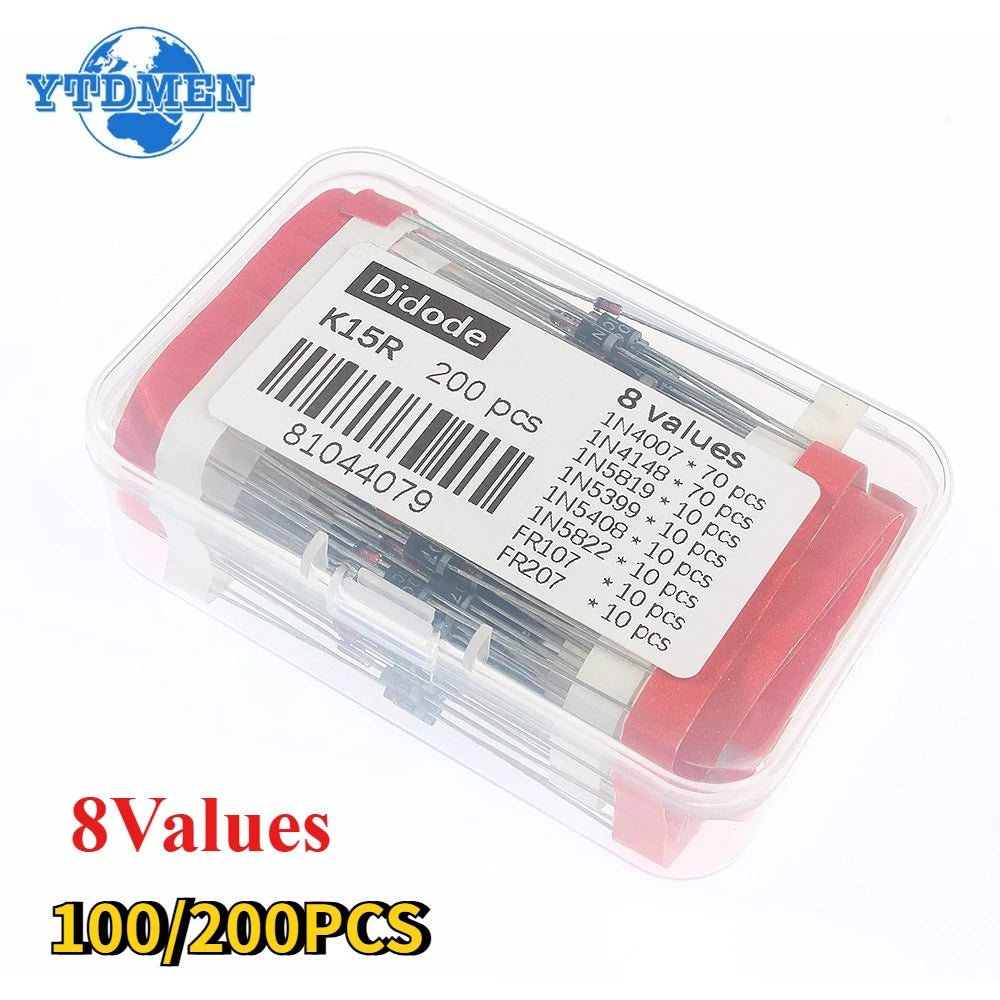 100-200pcs Rectifier Schottky Diode Kit 1N4007 1N4148 1N5408 1N5819 1N5822 1N4001 1N4004 1N5404 FR107 FR207 Fast Switching Diode