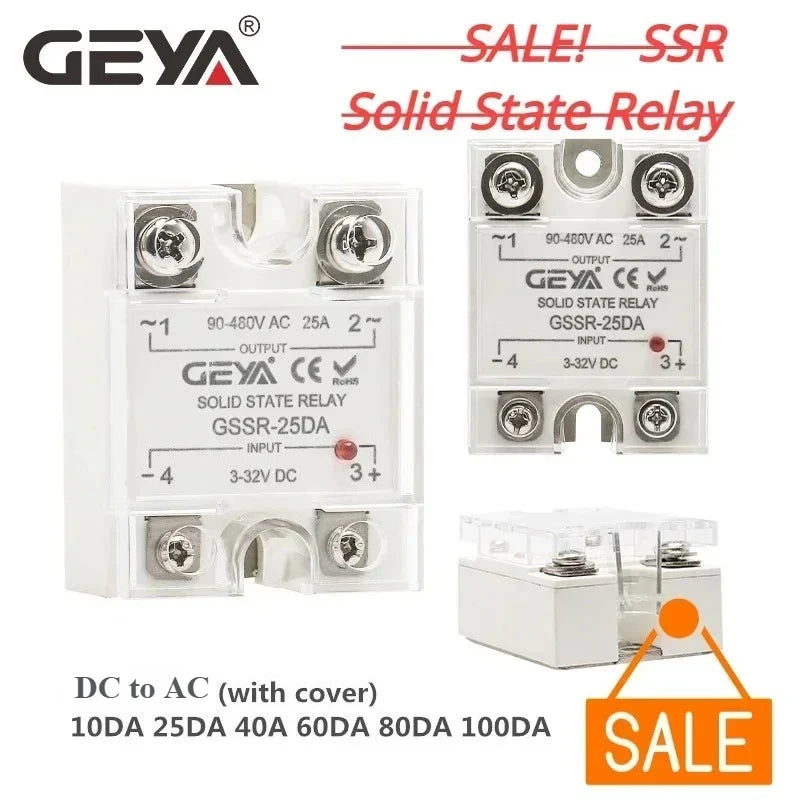 Big Sale GEYA Single Phase Solid State Relay SSR 40DA/60DA/80DA/100DA DC control AC with Pastic Cover 100A SSR DA