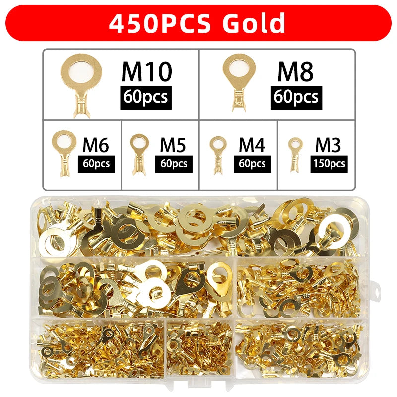 150-540pcs Boxed Terminal Block Connector M3/M4/M5/M6/M8/M10 O-type Ground Lugs Terminal Cold-Pressed Copper Tab Wiring Nose