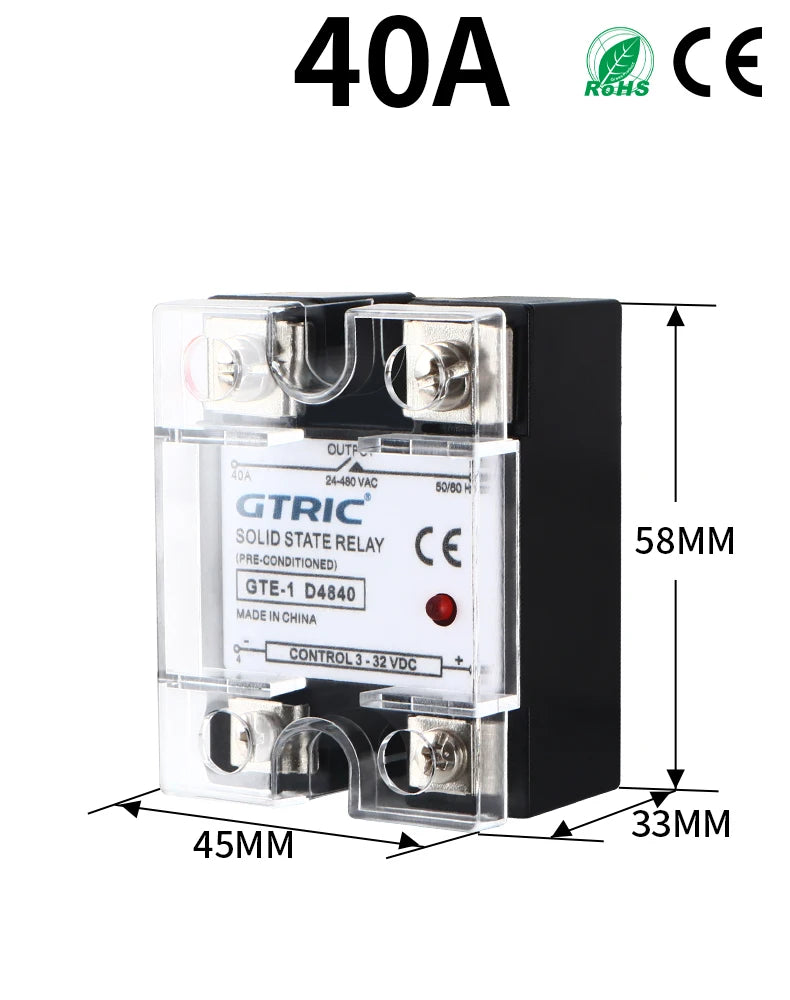 GTRIC SSR Solid State Relay Module 10A 25A 40A 50A 60A 80A 100A DC To AC AC To AC DC To DC 24-380V AC Single Phase Control Relay