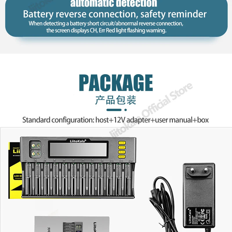 LiitoKala Lii-S12 12-Slot LCD Battery Charger for Li-ion LiFePO4 Ni-MH Ni-Cd 9V 21700 20700 26650 18650 16340 18350 RCR123 18700