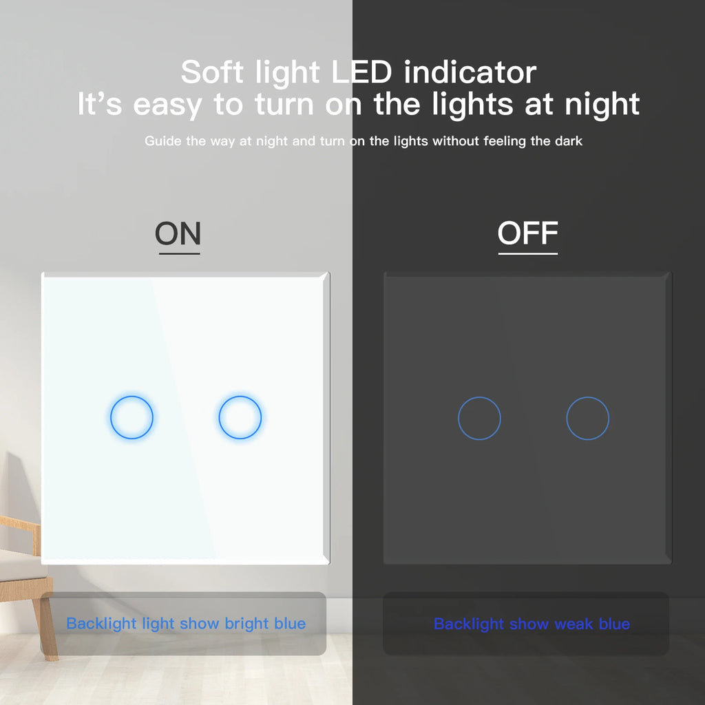 BSEED 1/2/3Gang Touch Switch Double Light Switch Triple Sensor Switch 1Way EU Standard Glass Panel Blue Back Light White Series