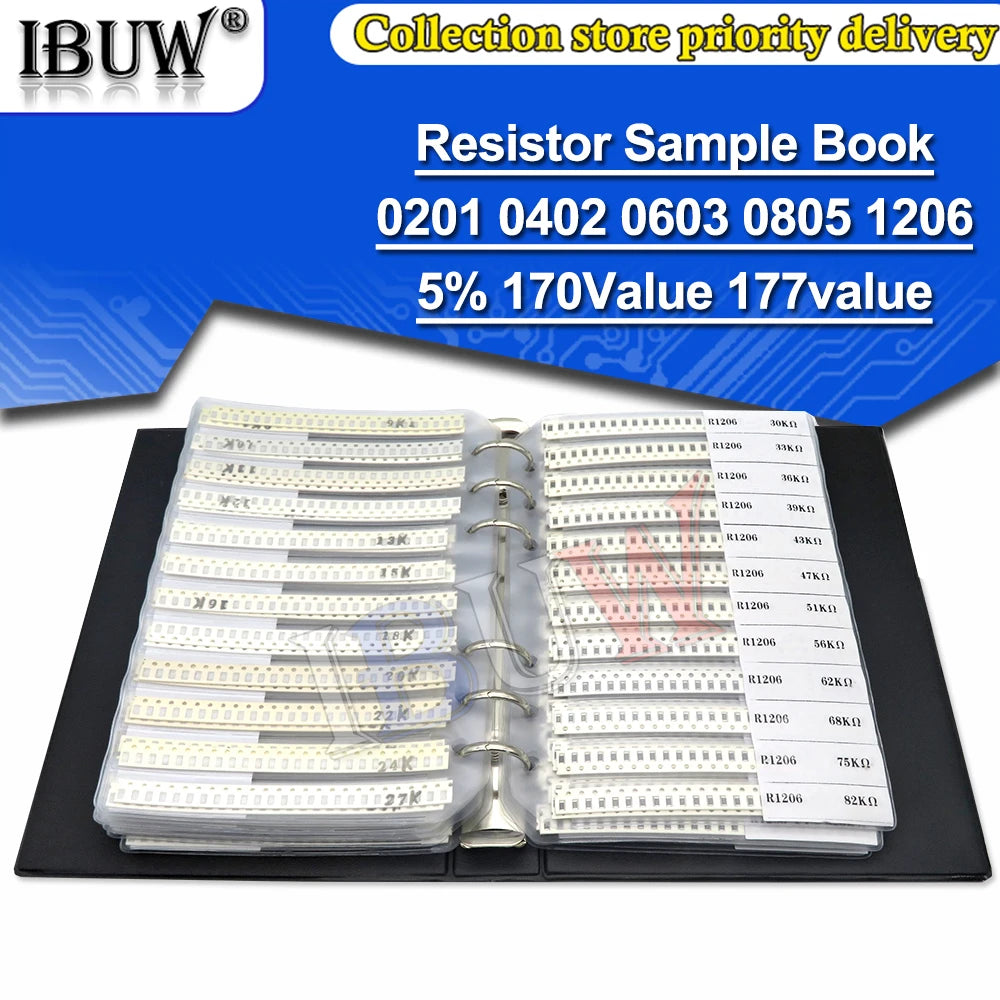 4250PCS 8500PCS 8850PCS 0201 0402 0603 0805 1206 Resistor Sample Book ibuw 5% SMD Assorted Kit 10K 100K 1K 1R 100R 220R