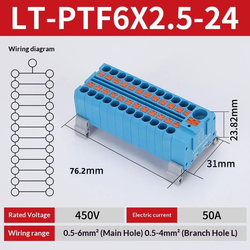 Push-in Terminal Block PTF6X2.5mm One in Multiple Out Splitter Spliceable Wire Connectors DIN Rail Junction Box Electrical Joint