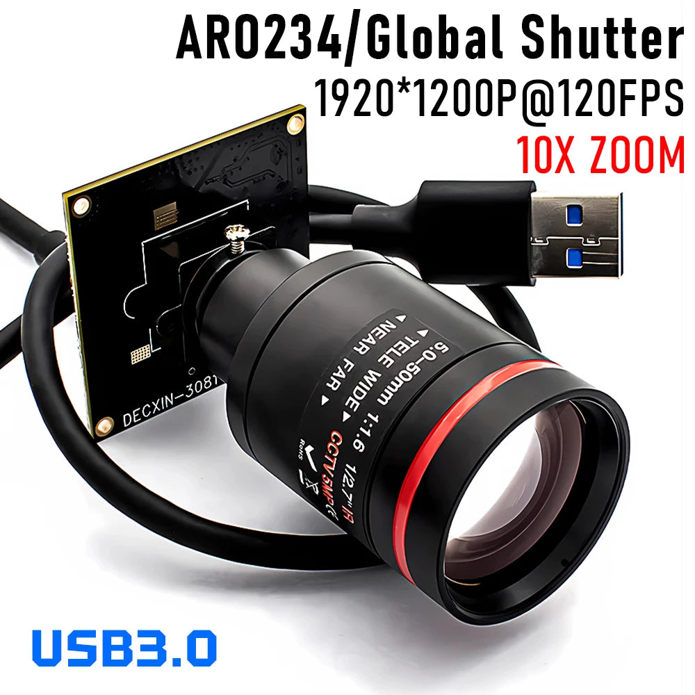Global Shutter USB3.0 Camera 2.3MP 120FPS Plug And Play M12 Varifocal Lens 10X Zoom Video Camera for Machine Vision Live Stream