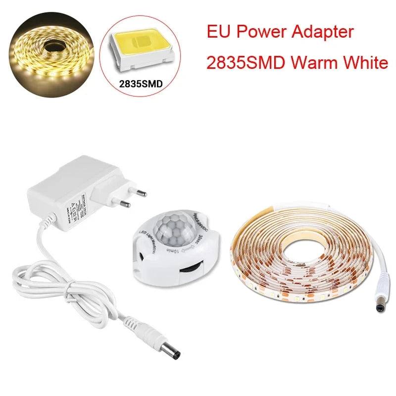 Motion Sensor Under Cabinet Lights Cupboard Kitchen Bed Emergency Night Light Flexible LED Strip DC 12V US EU Power Adapter