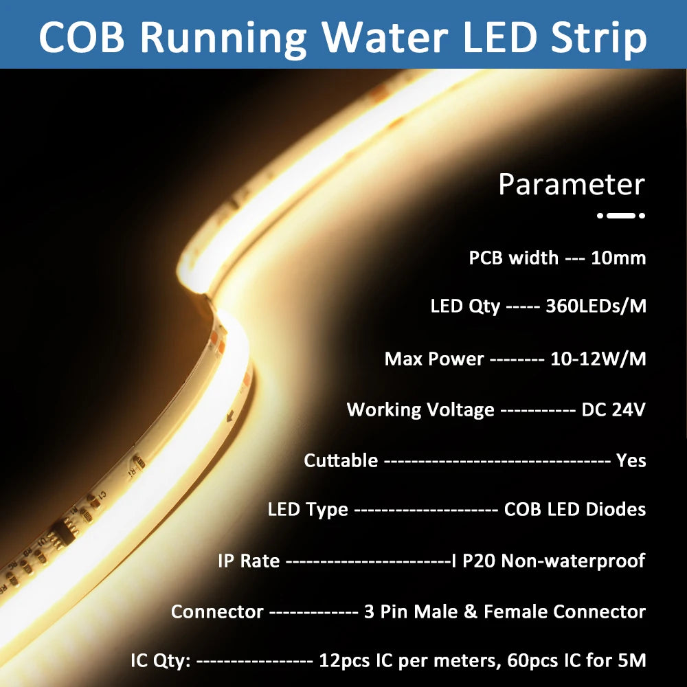 COB Horse Race LED Strip 24V WS2811 Running Water Flowing Light 360LEDs/m RF Touch Panel Controller 5M for Home Decoration