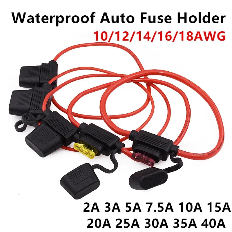 Waterproof 32V Mini Small Medium Auto Fuse Holder 18/16/14/12/10AWG and Car Blade Fuse 2A 3A 5A 7.5A 10A 15A 20A 25A 30A 35A 40A