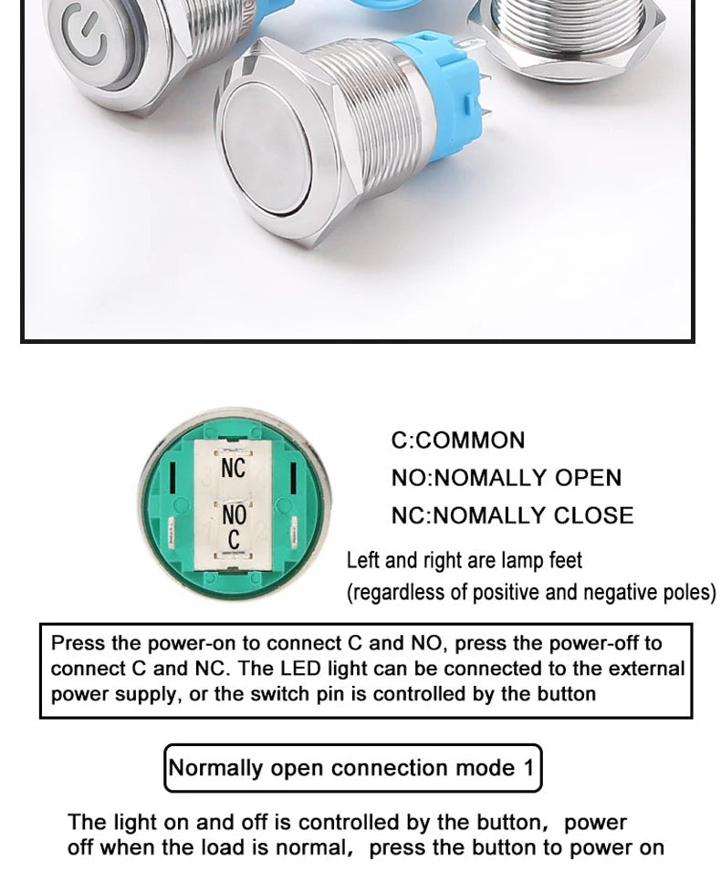 19MM LED Metal Button Switch Stainless Steel 1NO1NC Momentary Latching High Head Lamp Waterproof Button 12V 24V 220V