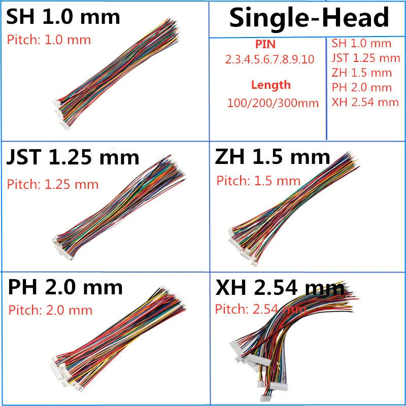 10PCS 1.0 1.25 1.5 2.0 2.54 SH/JST/ZH/PH/XH 1.0MM 1.25MM 1.5MM 2.0MM  2.54MM 2PIN/3/4/5/6/7/10P Female Plug Connector With Wire