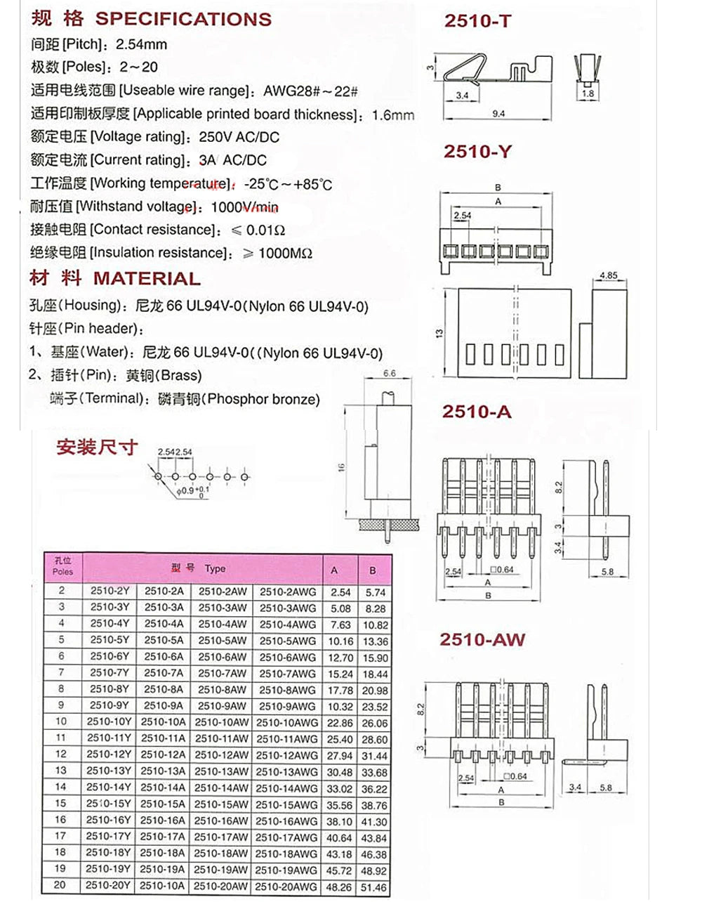 50pcs KF2510 Right Angle Pin Header 2AW 3AW 4AW 5AW 6AW 7AW 8AW 9AW 10AW 2510 2.54MM Male Wafer Connector