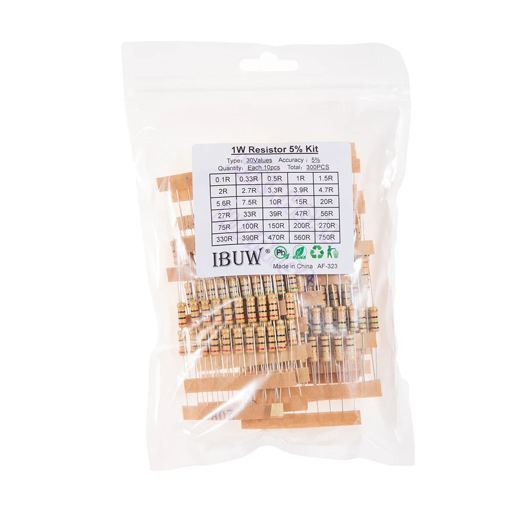 300PCS Resistor Kit 1W 5% 30values X 10PCS Carbon Film Resistance 0.1-750 ohm Set