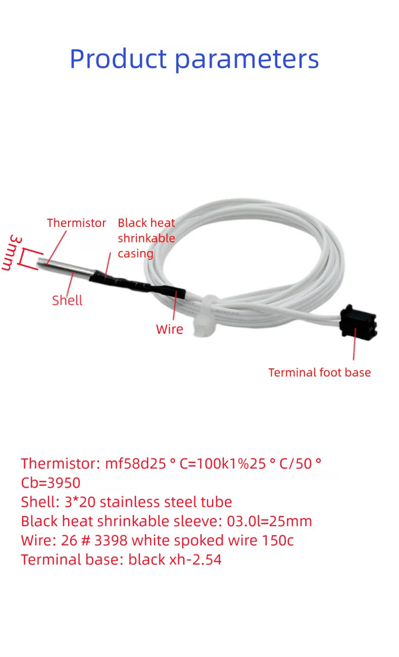 1M/2M HT-NTC100K Thermistor Temperature Sensor For High Temperature Filament 350 Degrees Hotend Kit B3950 For 3D Printer Parts