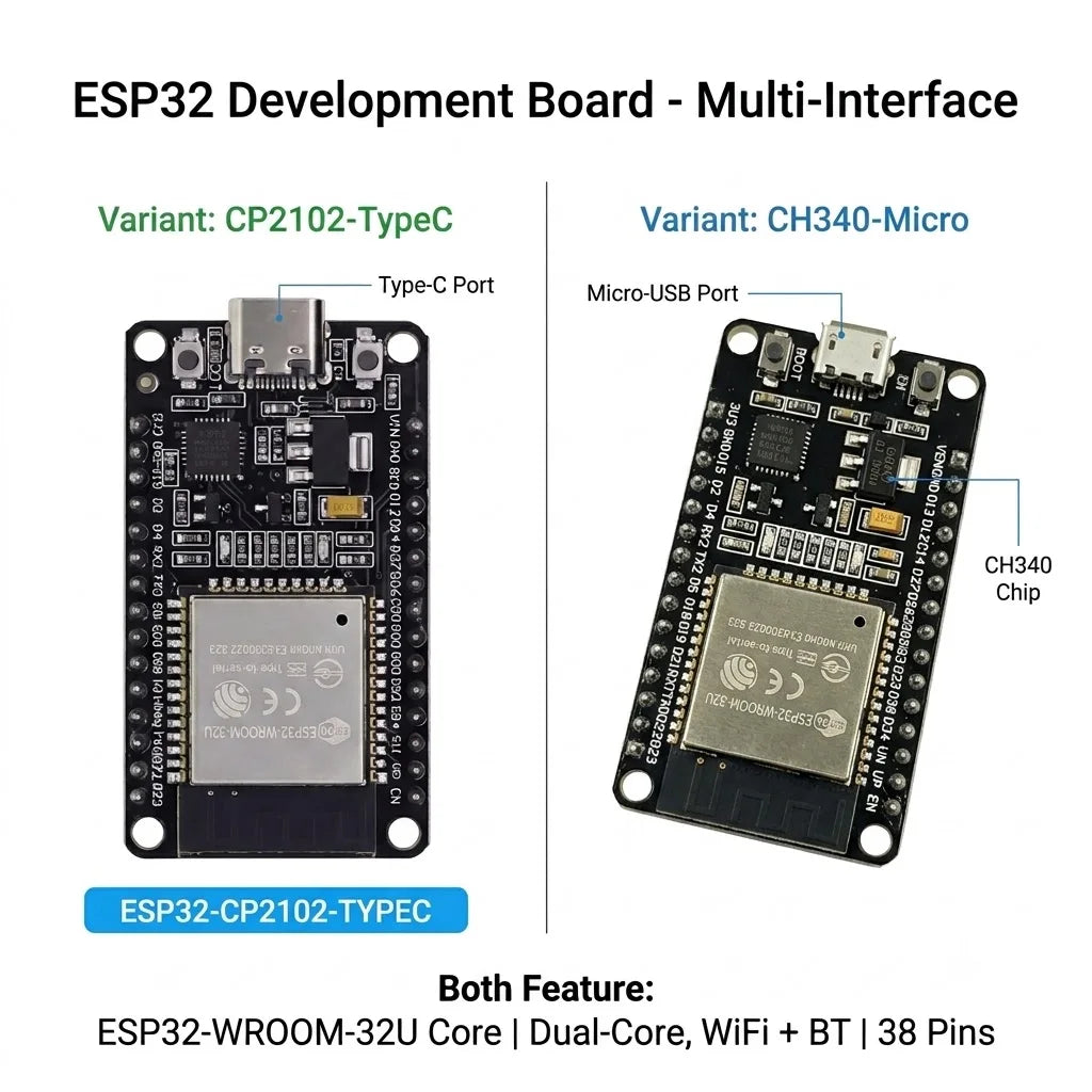 ESP32 Development Board Dual Core WiFi Bluetooth IoT Module ESP32-WROOM-32U 38 Pins CP2102 Type-C CH340 Micro USB NodeMCU