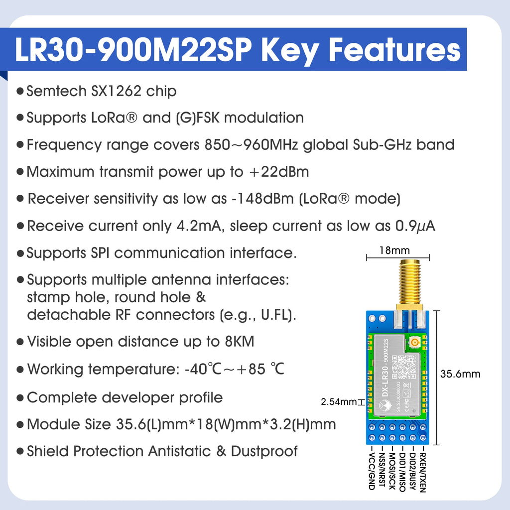 SX1262 LoRa Module Developer SET DX-LR30 430~470MHz 868~915Mhz 22dBm 8km Range 5V UART GPIO ISM Band LoRa RF Module