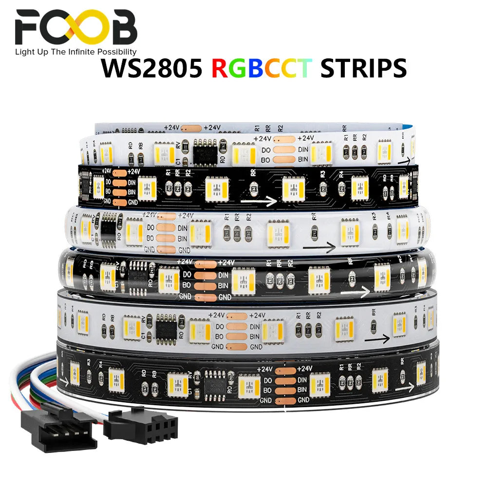 WS2805 SPI RGBCCT Pixel Led Strip 4Pin 60Leds/m IP30 IP65 IP67 Waterproof Addressable Smart Led Lights Strip Black White PCB 24V