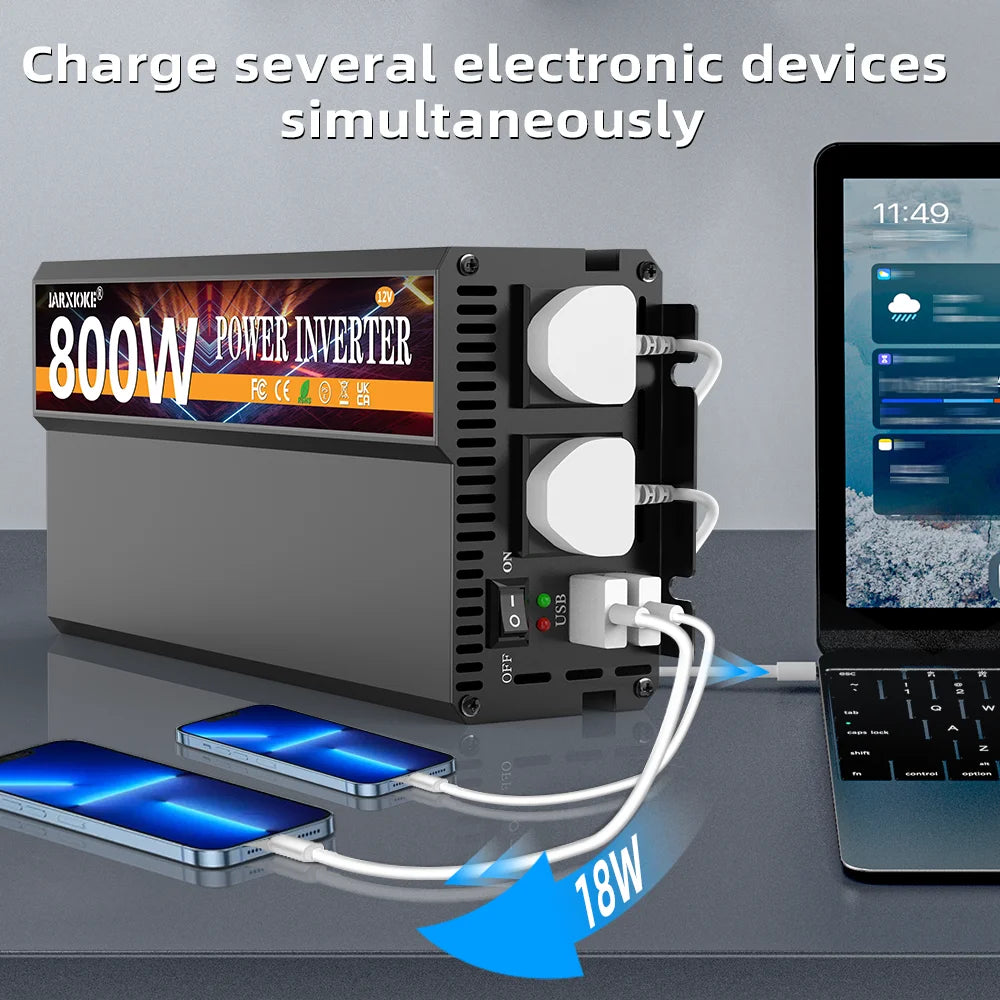 800W Rated Power Inverter 2000W Peak DC 12V To AC 110V-130V with USB High Performance and Portable Power Inverter with Multiple Device Charging for Car RV Boat Adapter for Phone