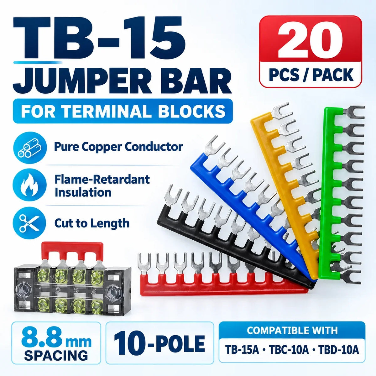 10/20/50/100PCS TB1512 / TBD-15A 12 Position Pre Insulated Fork Type Terminal TB Connection Strip Barrier Strip Jumper Connector