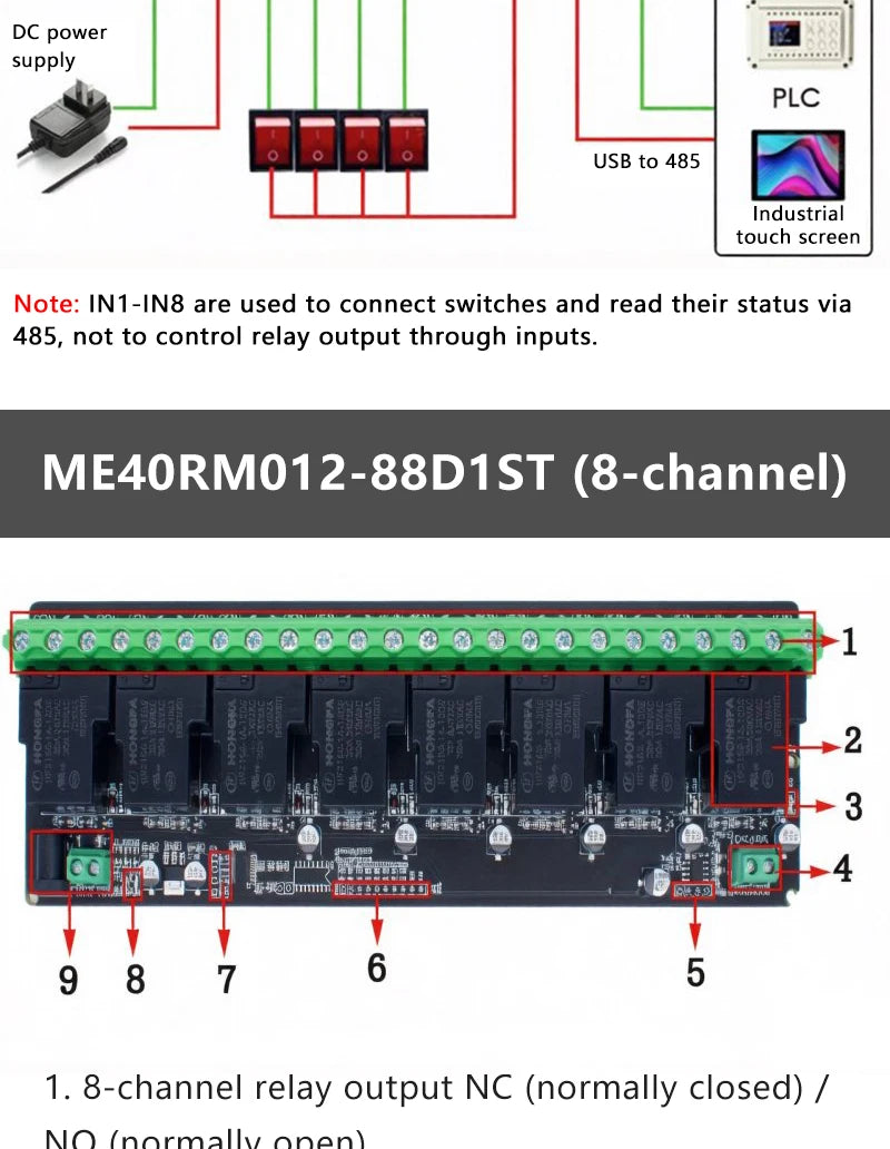 Modbus RTU RS485 TTL Relay Control Module Optional 3/4/6/8 Channel High Power Output Industrial PLC