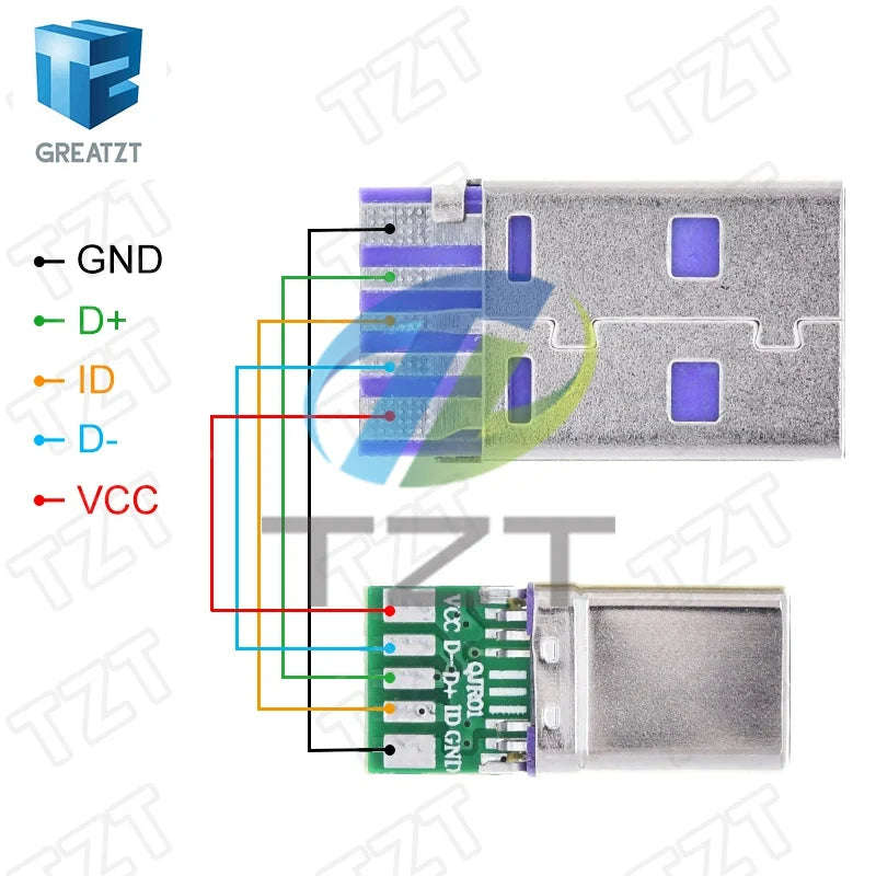 1/5Set PD Fast Charge Type-C USB 65W 5A  Male Connector Welding With 5Pin PCB + Type A Male 5Pin USB DIY OTG Data Charge DIY KIT