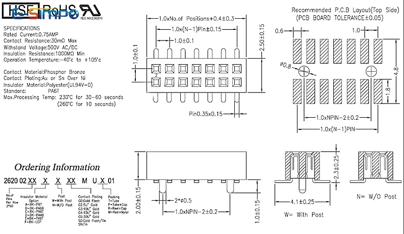 10pcs 1.0mm 2x3P/4P/5P/6p/7p/9p/10p/20p-50P Double Row PH2mm Rohs Gold High Temp W/O Post Vertical SMT Female Header Connector
